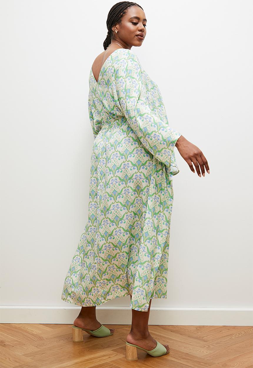edit - Soft waist empire midi dress- green ethnic paisley