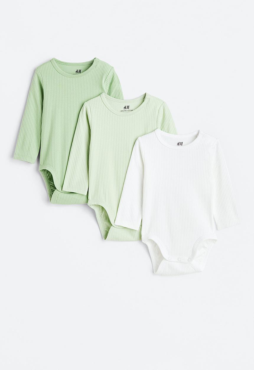 H&M - 3-Pack ribbed bodysuits - light green/white