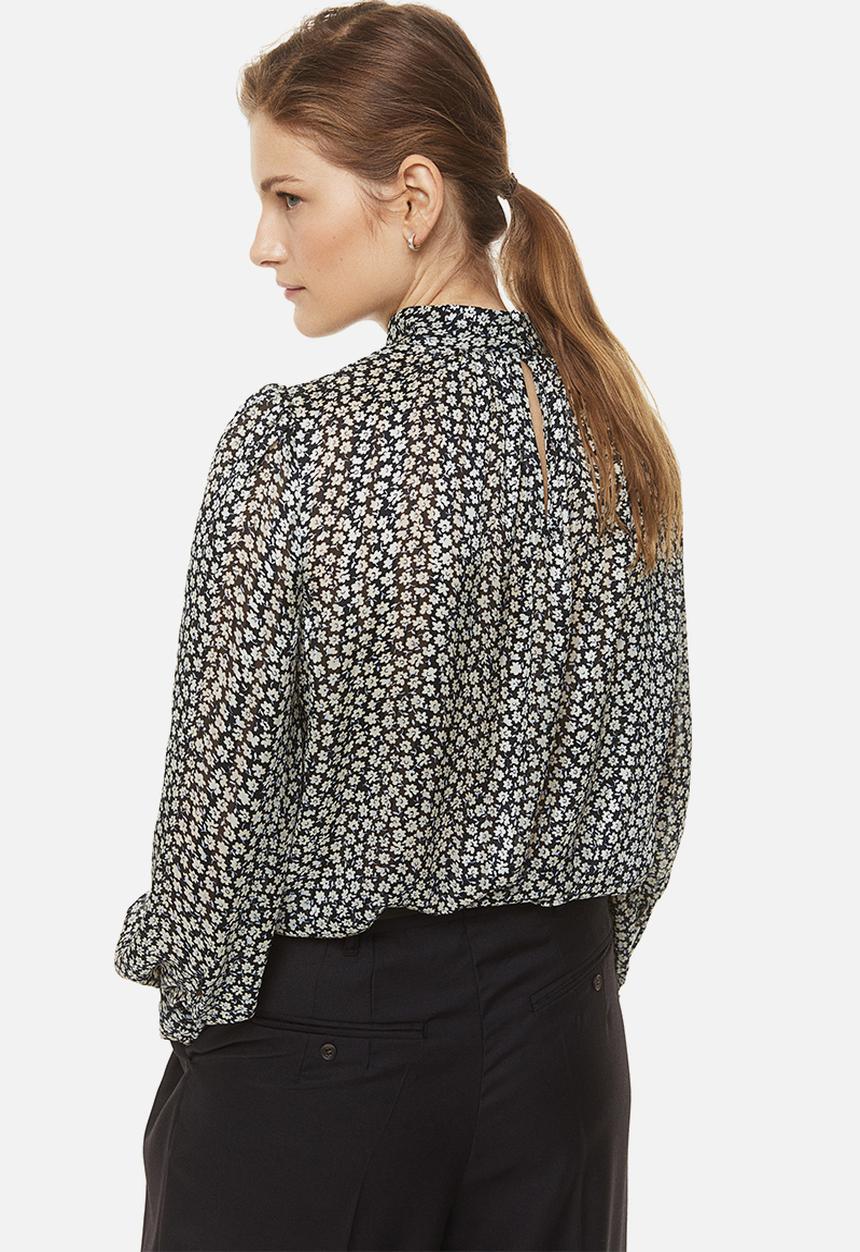 H&M - Stand-up collar satin blouse - black,multi