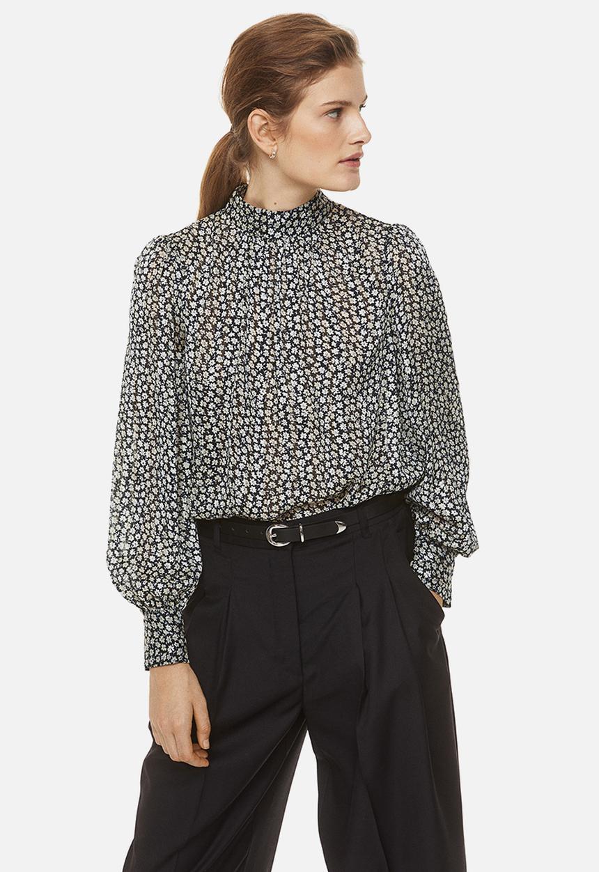H&M - Stand-up collar satin blouse - black,multi