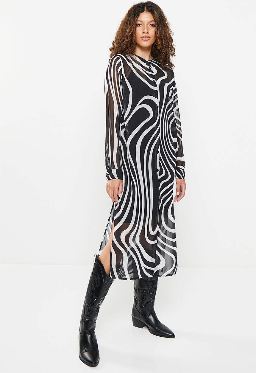 Me&B - Button up mandarin collar dress with cami - black/white