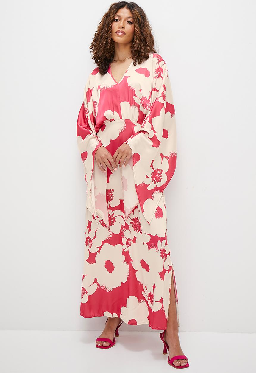 MILLA - Kaftan sleeve column dress - white & pink