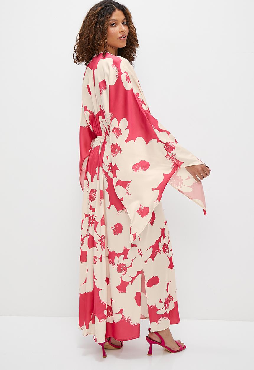 MILLA - Kaftan sleeve column dress - white & pink