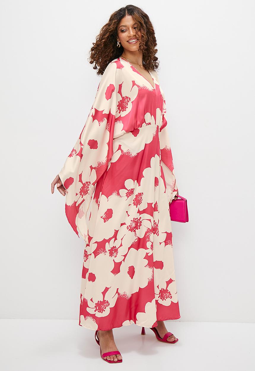 MILLA - Kaftan sleeve column dress - white & pink