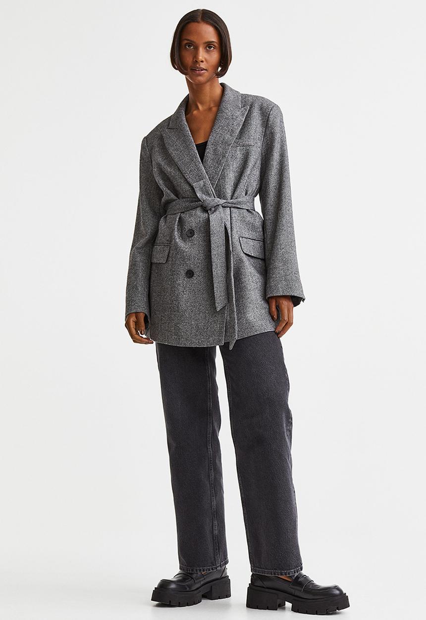 H&M - Long double-breasted blazer - black marl 