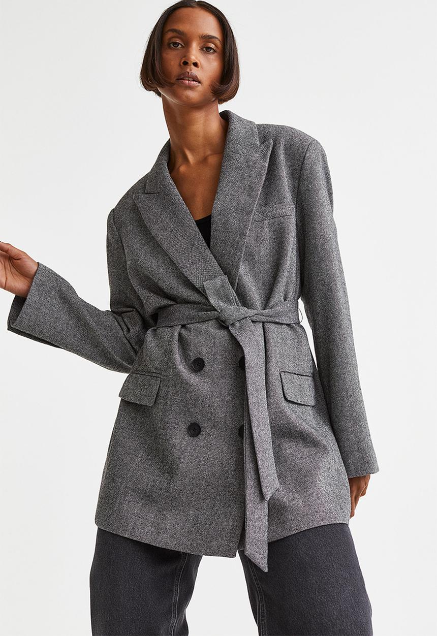 H&M - Long double-breasted blazer - black marl 