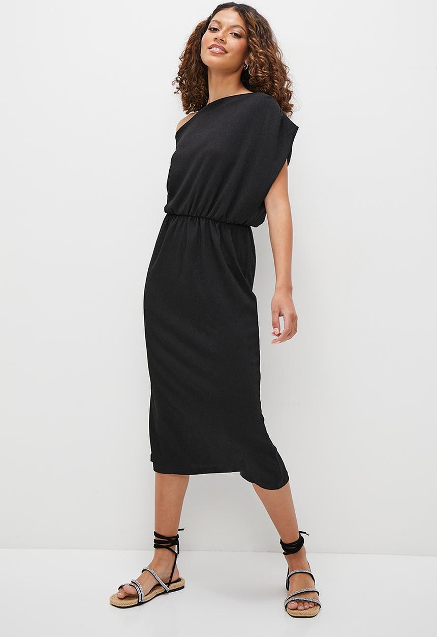 MILLA - Textured knit slash neck midi dress - black
