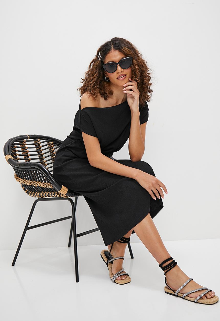 MILLA - Textured knit slash neck midi dress - black