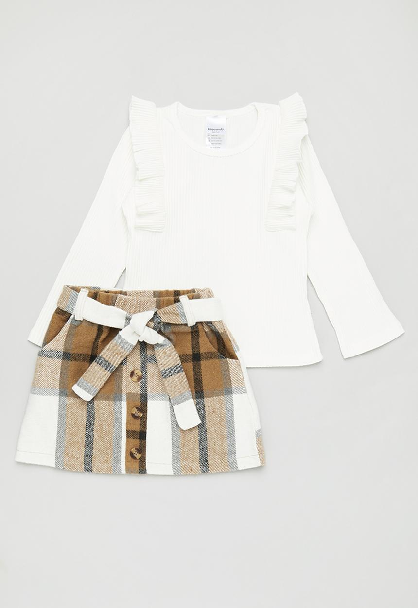 Pop Candy - Girls top & check skirt set - white and brown