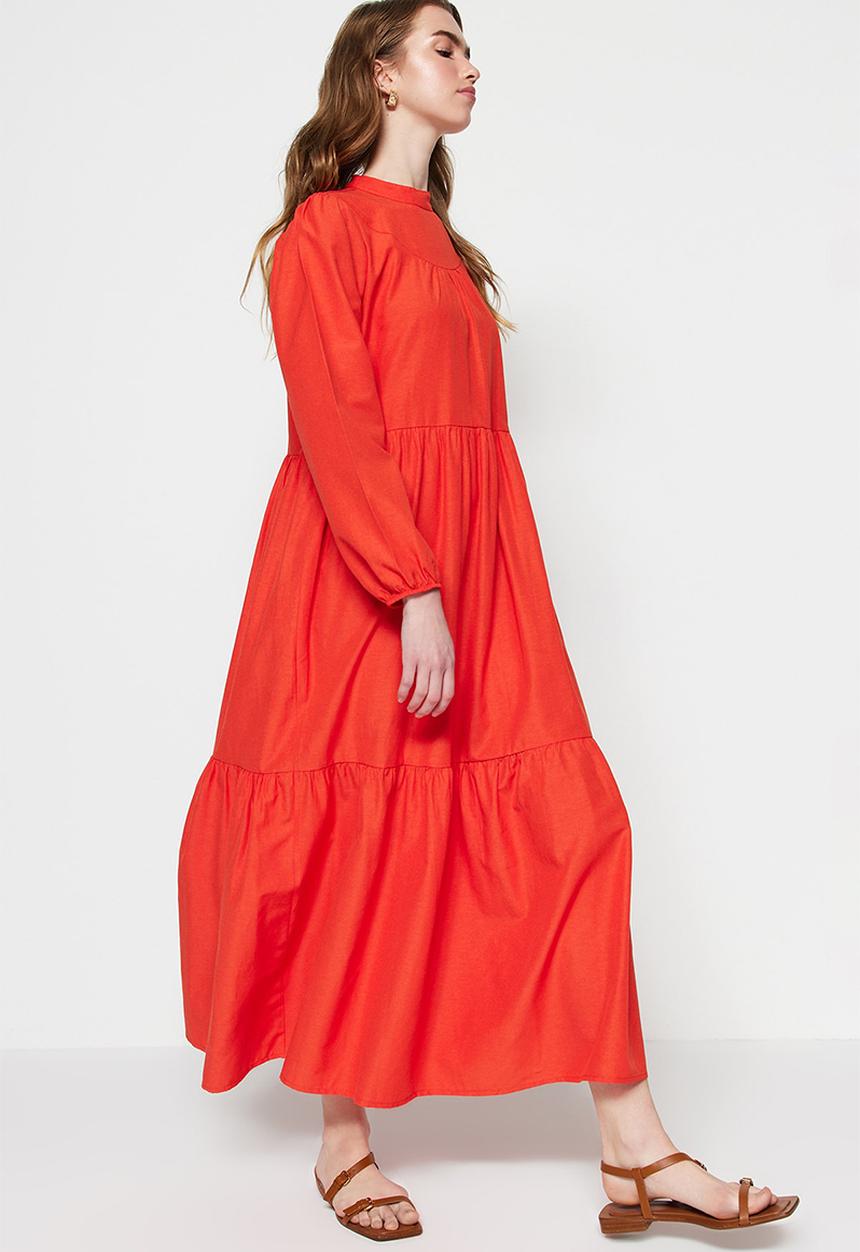 Trendyol - Modest high neck detail tiered dress - vermilion