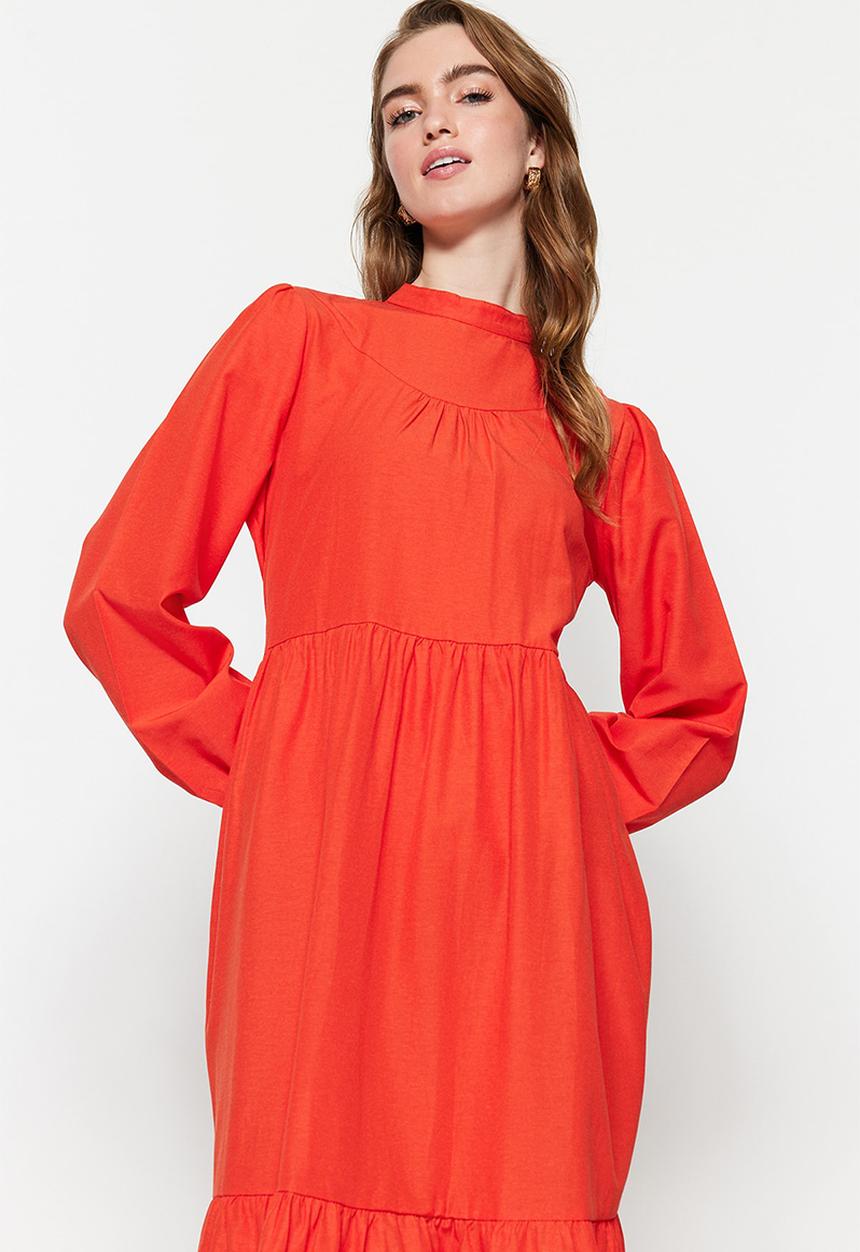 Trendyol - Modest high neck detail tiered dress - vermilion