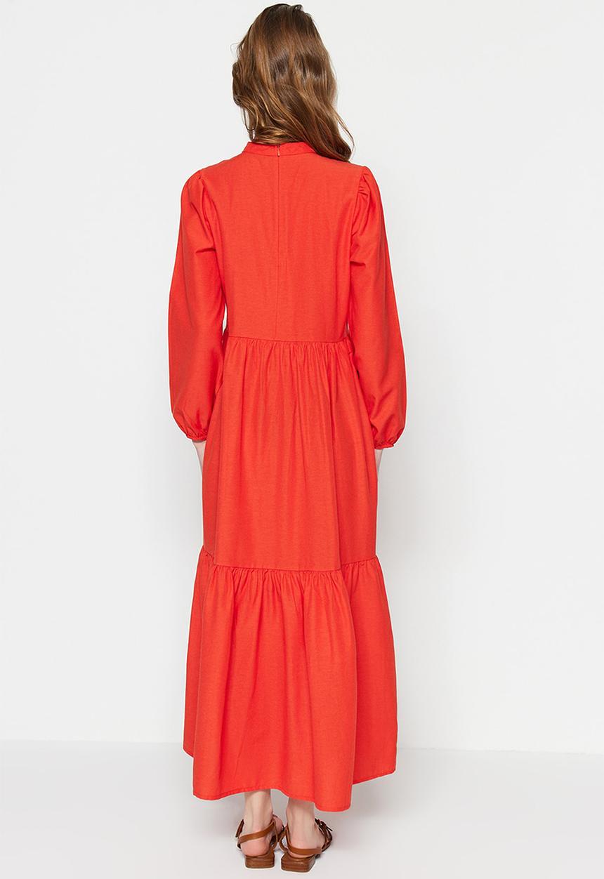 Trendyol - Modest high neck detail tiered dress - vermilion