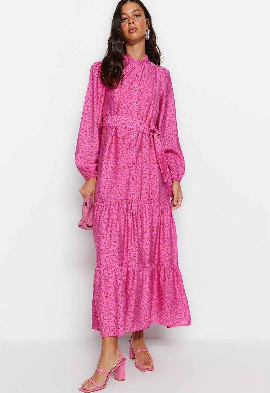Trendyol - Modest printed tier dress with kitty bow - pink