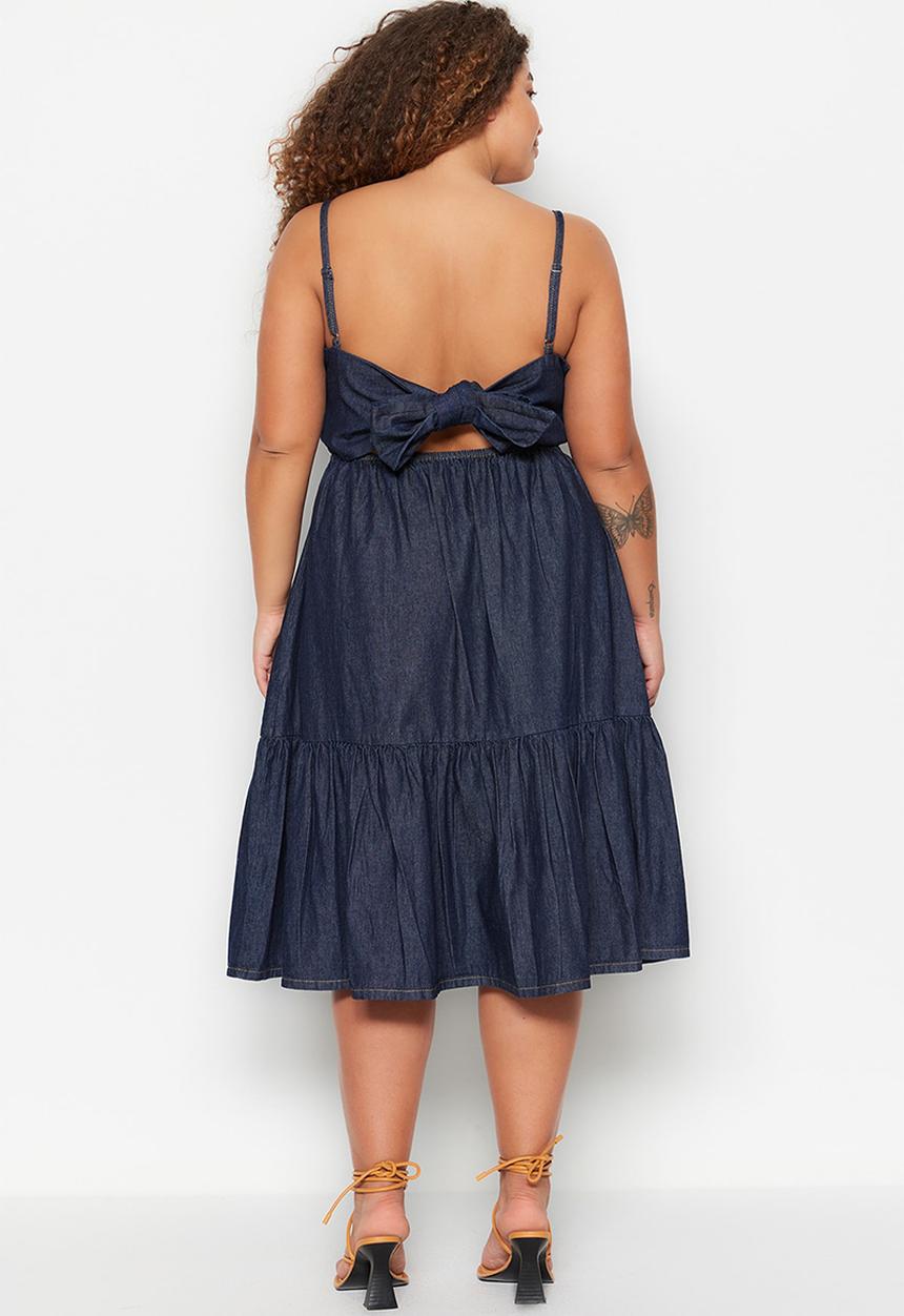Trendyol - Plus tie back denim dress - dark blue