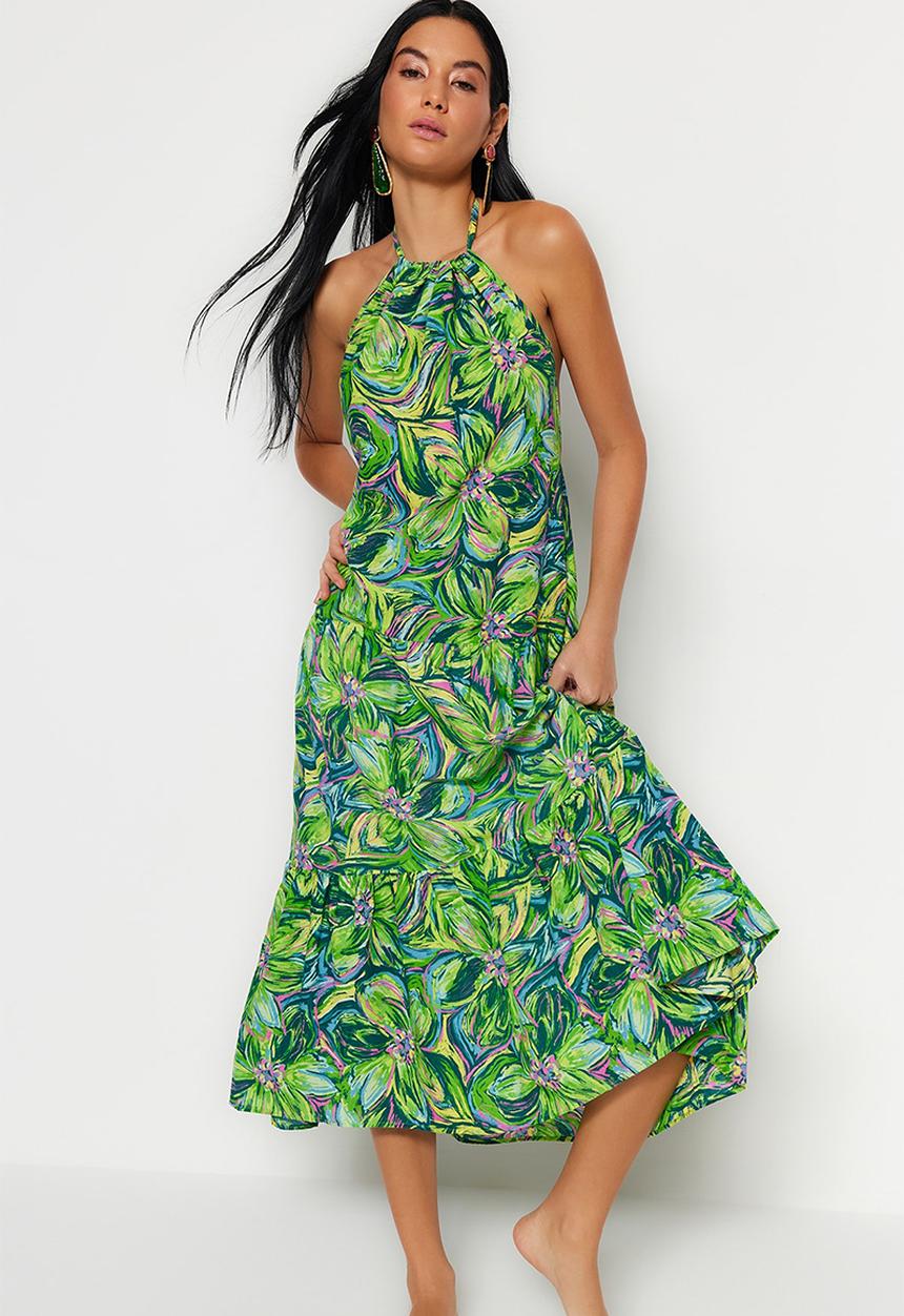 Trendyol - Halter neck ruffle hem dress - green