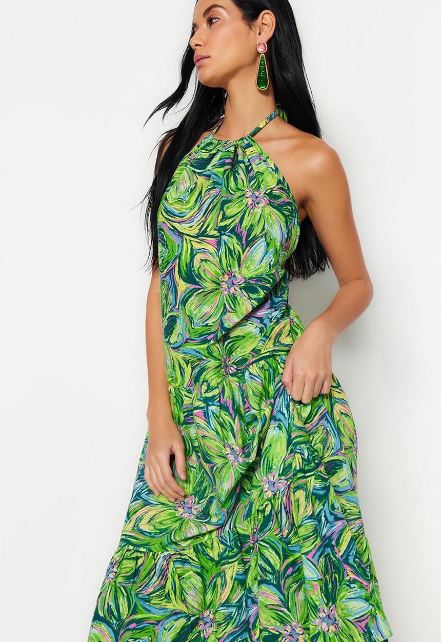 Trendyol - Halter neck ruffle hem dress - green