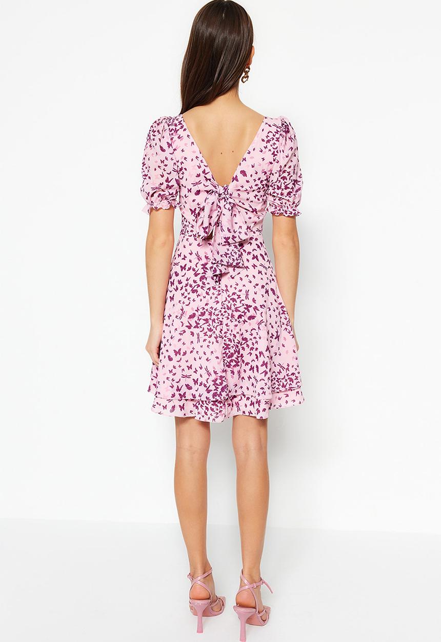 Trendyol - Floral puff sleeve skater dress - pink
