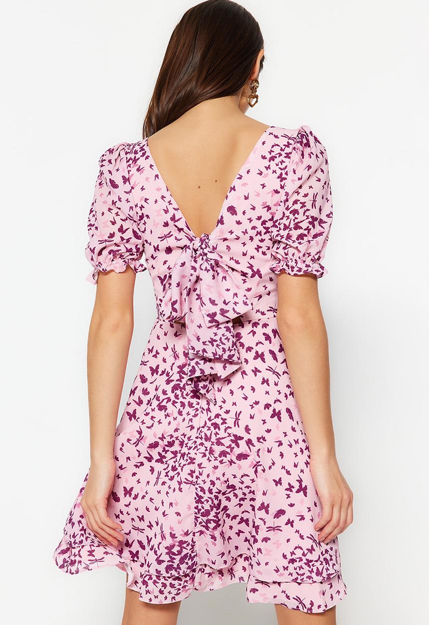 Trendyol - Floral puff sleeve skater dress - pink