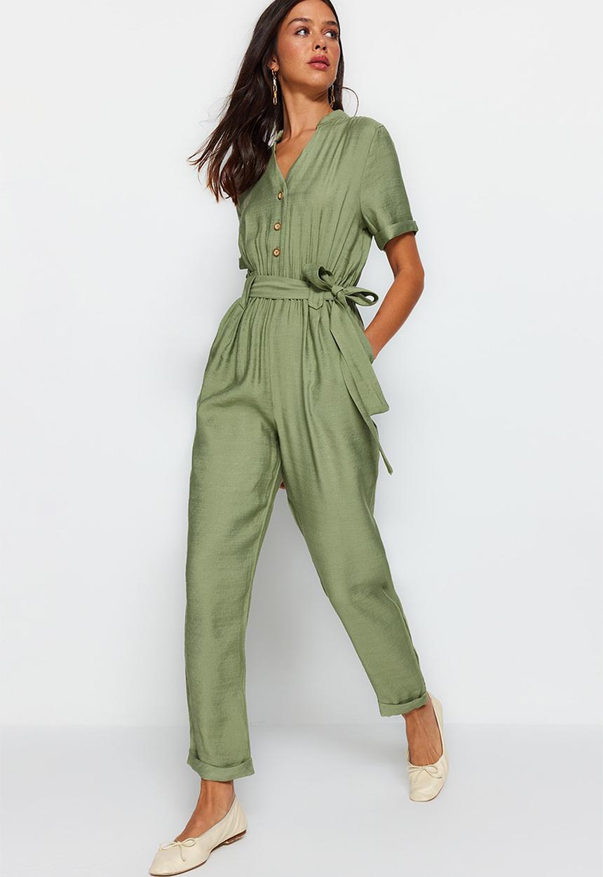 Trendyol - V-neck button down jumpsuit - khaki