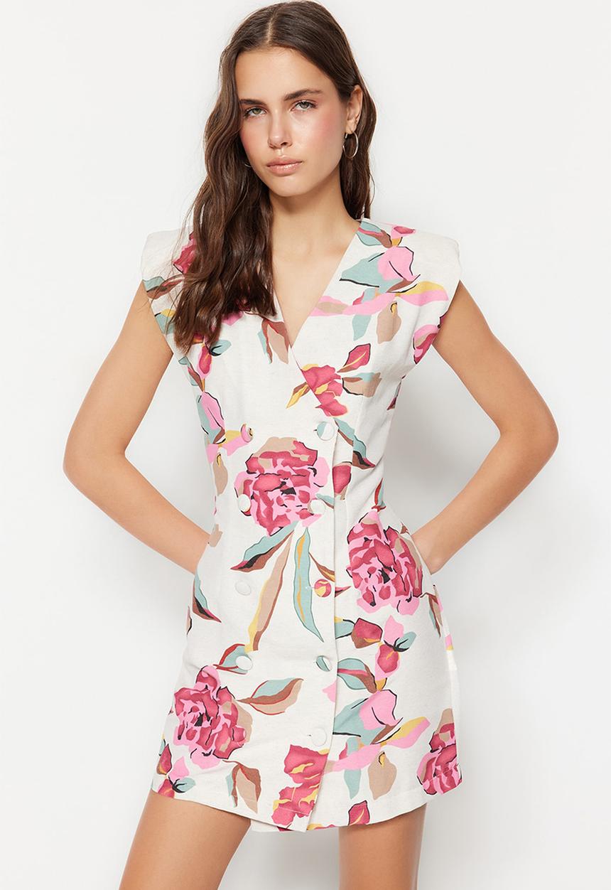 Trendyol - Floral print sleeveless blazer dress - ecru
