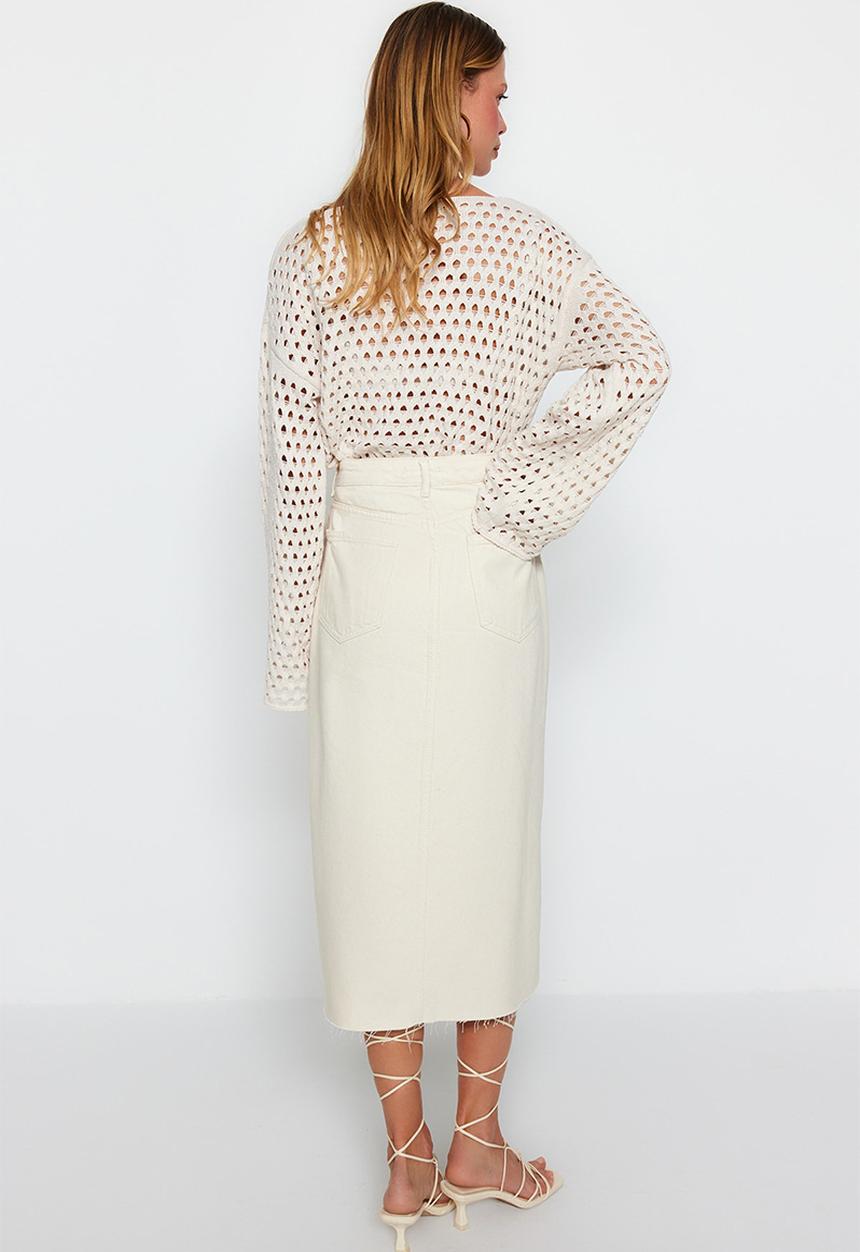 Trendyol - Basic denim button down midi skirt - ecru