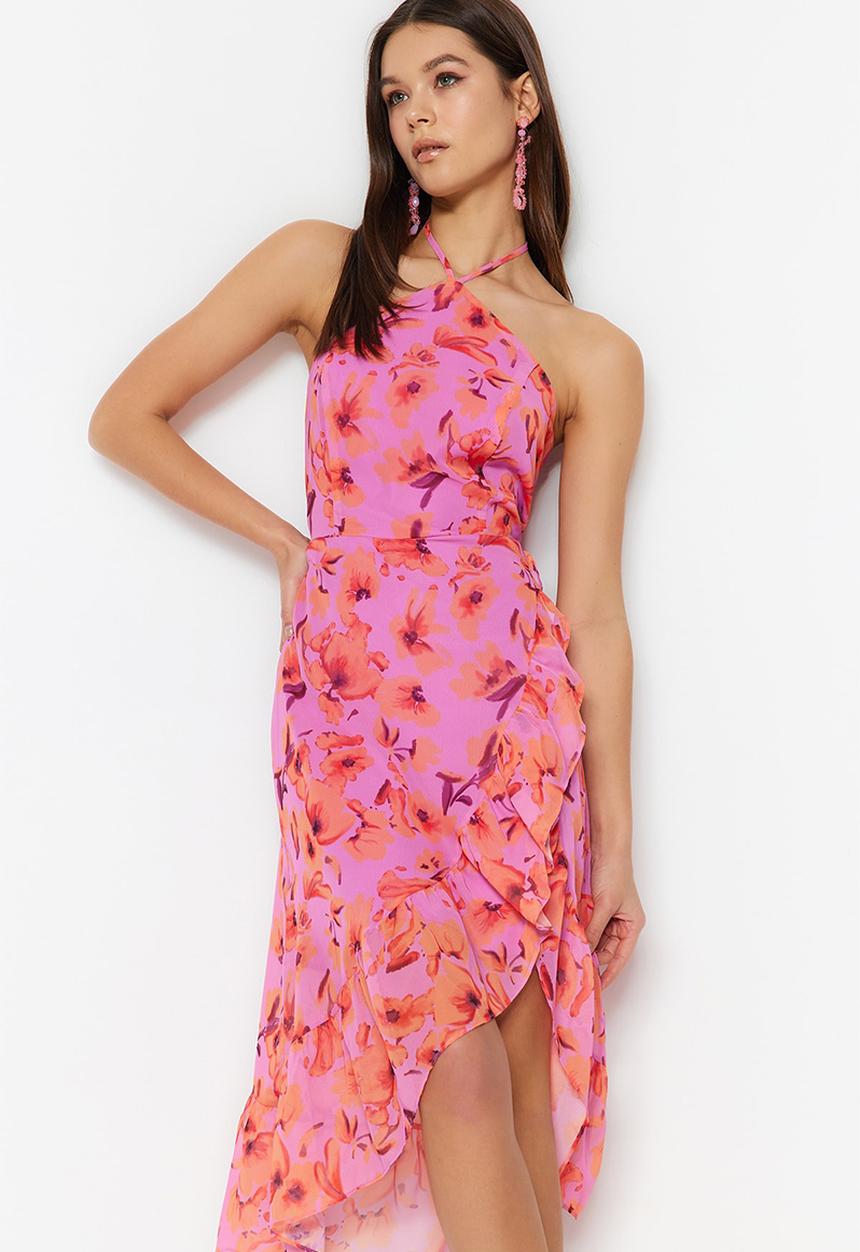 Trendyol - Floral halter assym dress - pink