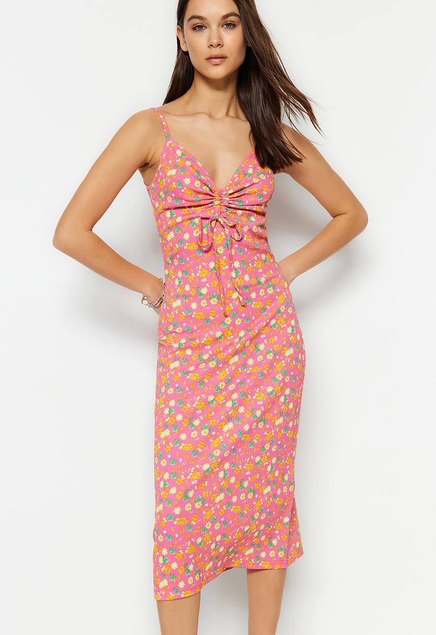 Trendyol - Strappy ruched v-neck midi dress - pink
