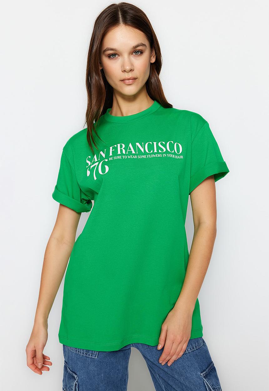 Trendyol - Slogan boyfriend t-shirt - green