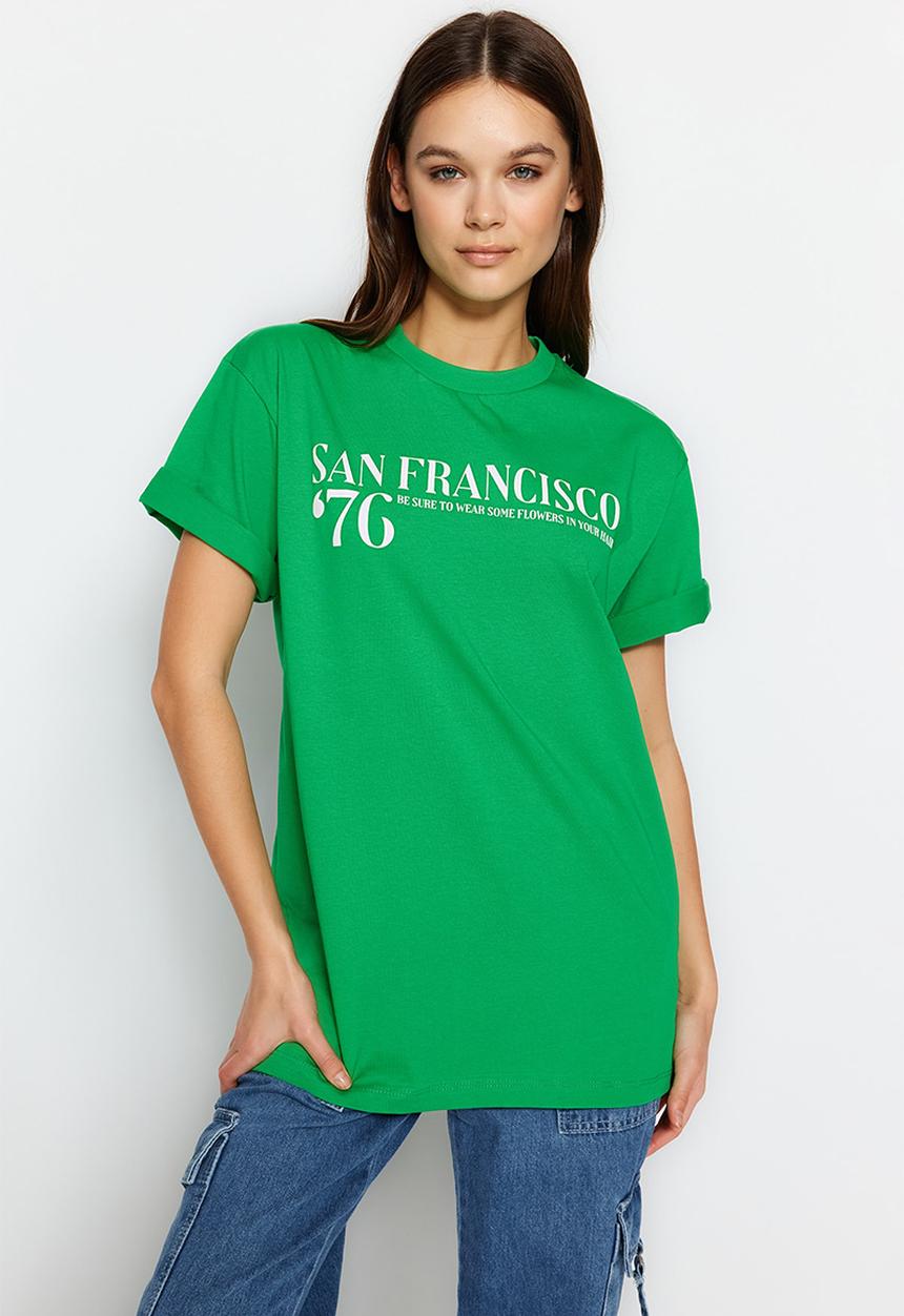 Trendyol - Slogan boyfriend t-shirt - green