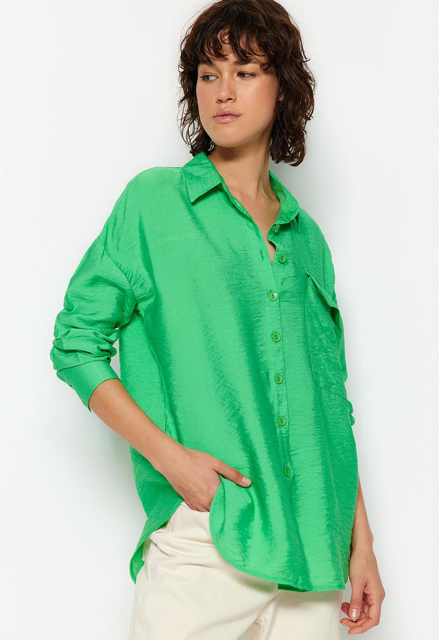 Trendyol - Shiny oversized basic shirt - green