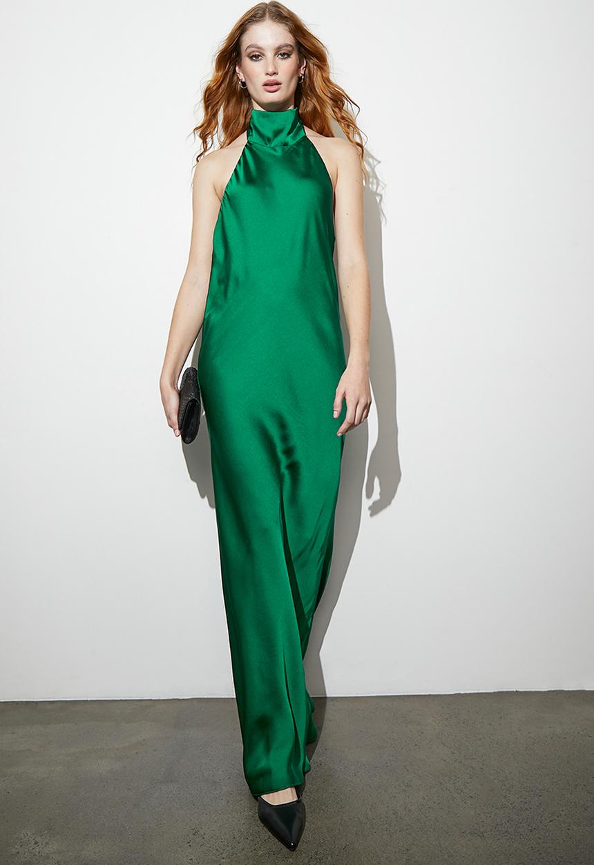 VELVET - Halter maxi slip dress with back tie - emerald