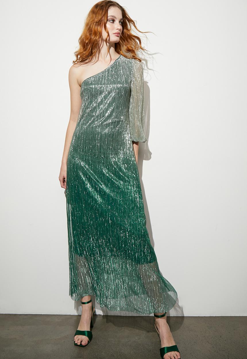 VELVET - Pleated asymmetric trapeze maxi dress - green