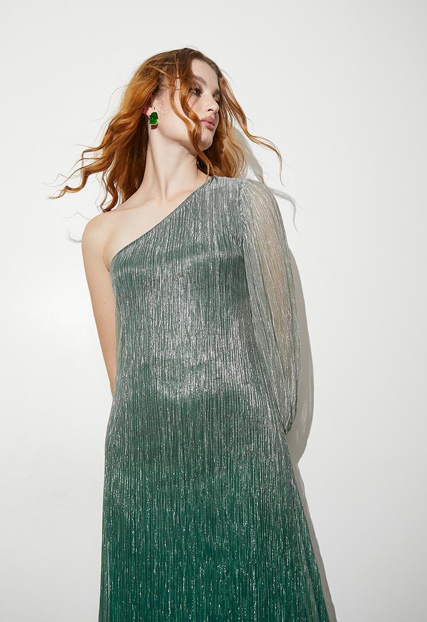 VELVET - Pleated asymmetric trapeze maxi dress - green
