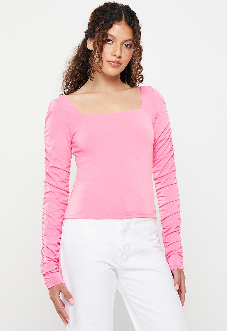 H&M - Gathered-sleeve jersey top - pink
