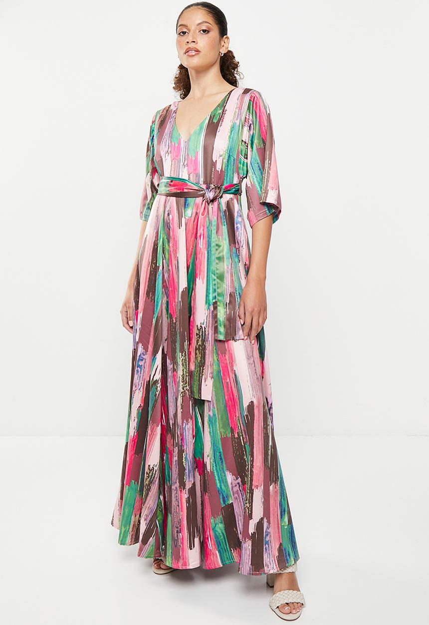 AMANDA LAIRD CHERRY - Walmer dress - blush / emerald / brown / cerise brush stroke 