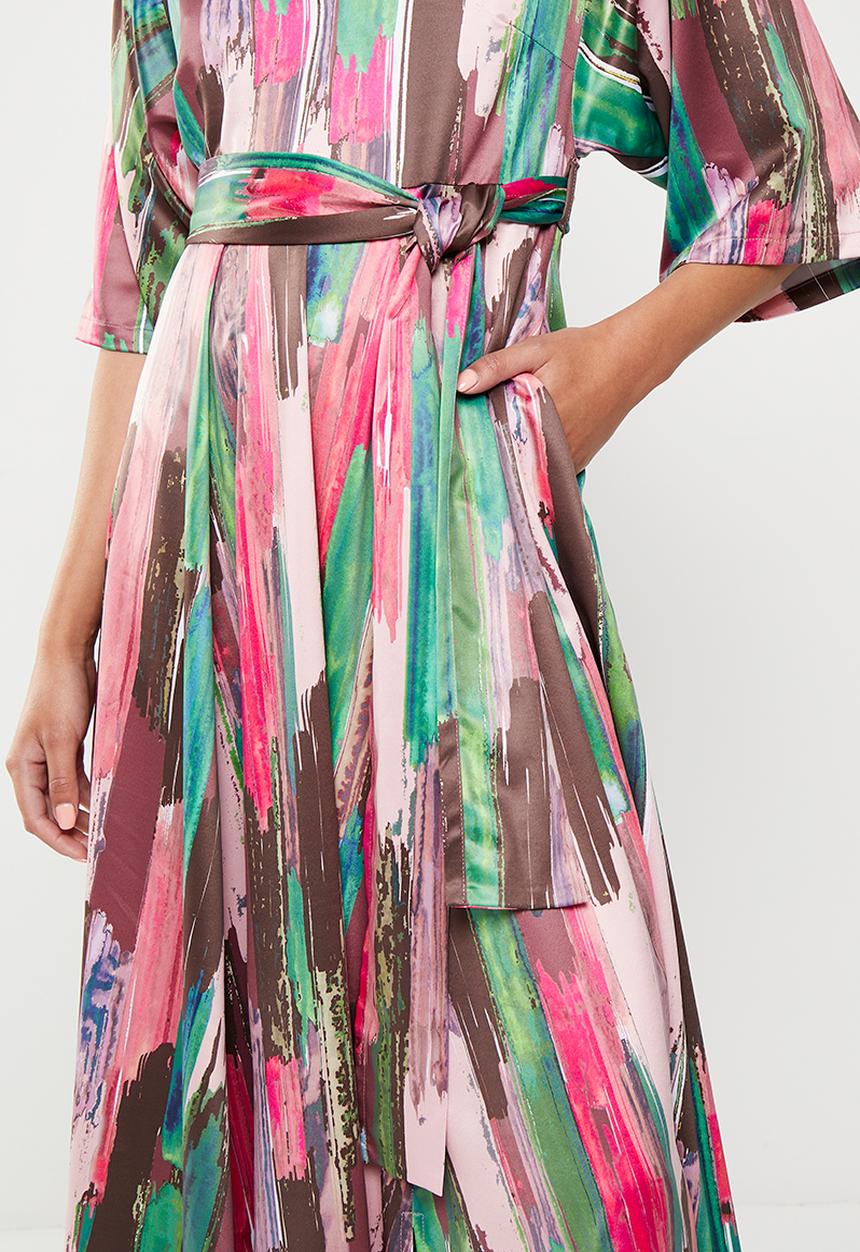 AMANDA LAIRD CHERRY - Walmer dress - blush / emerald / brown / cerise brush stroke 