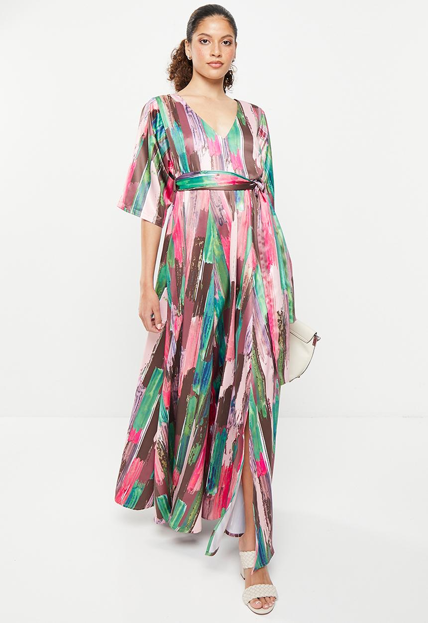 AMANDA LAIRD CHERRY - Walmer dress - blush / emerald / brown / cerise brush stroke 