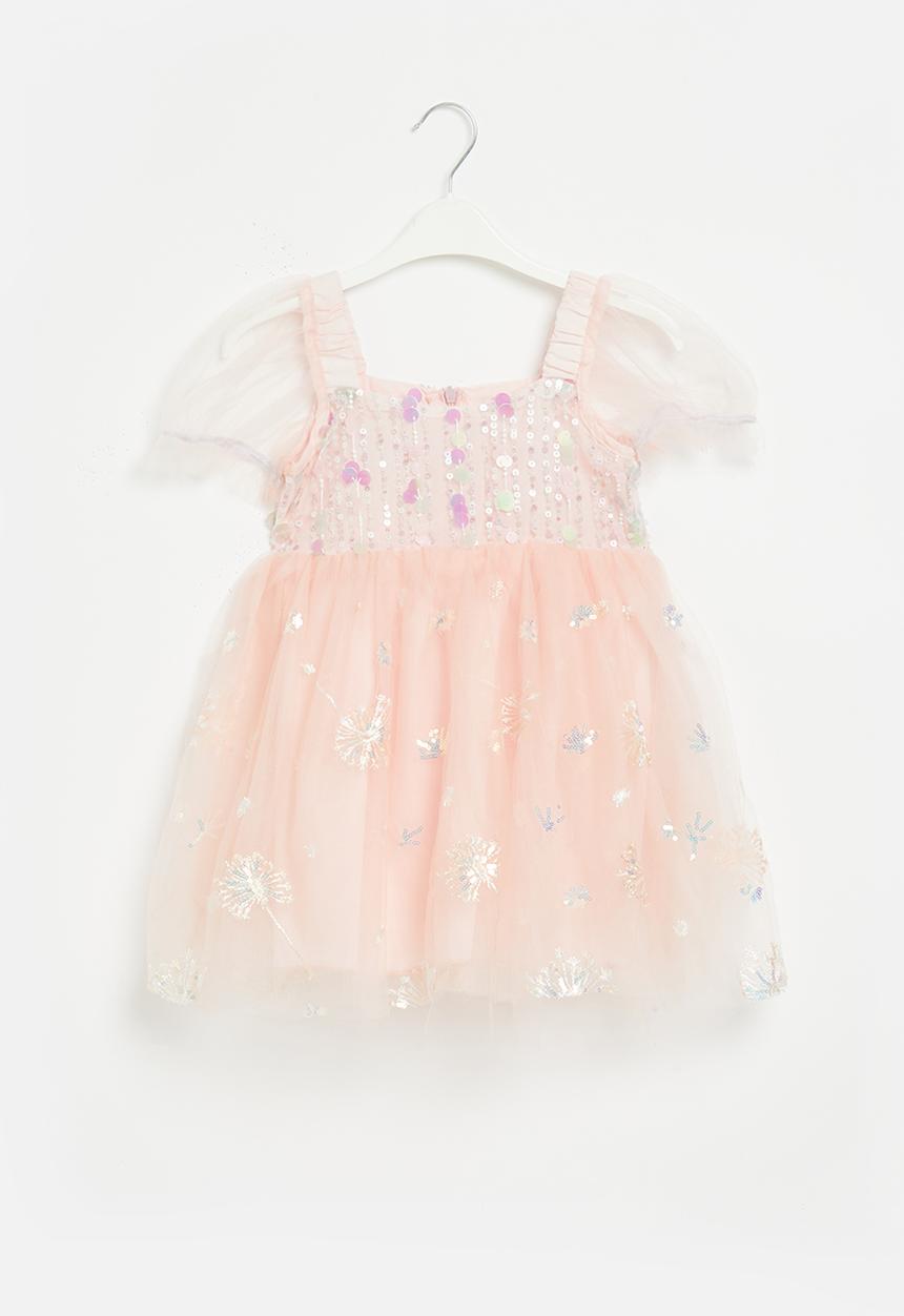 Pop Candy - Puff sleeve mesh occasion dress - pink & silver