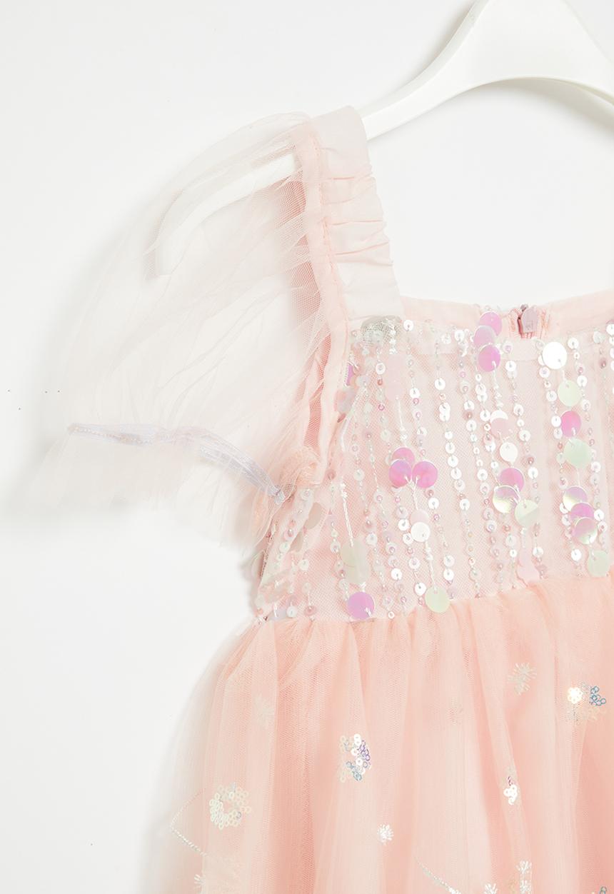 Pop Candy - Puff sleeve mesh occasion dress - pink & silver