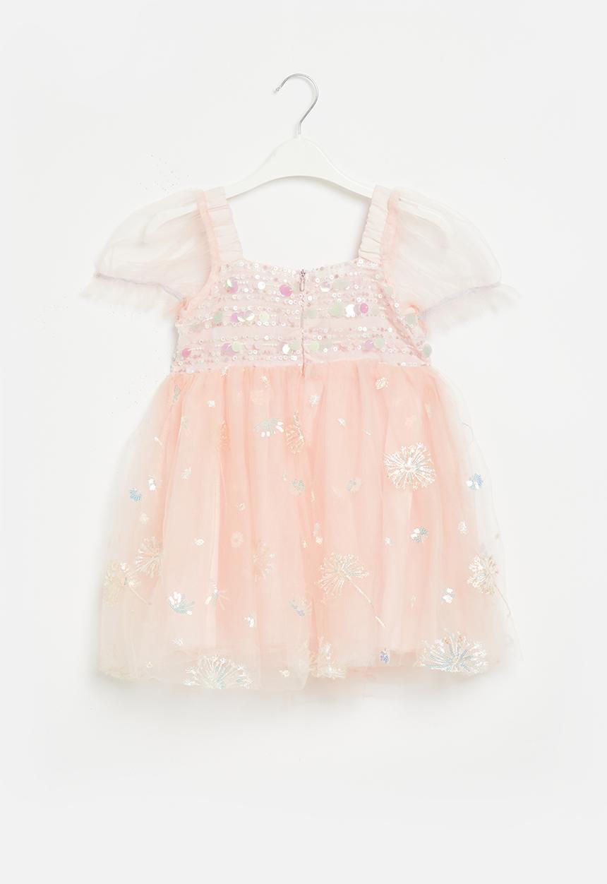 Pop Candy - Puff sleeve mesh occasion dress - pink & silver