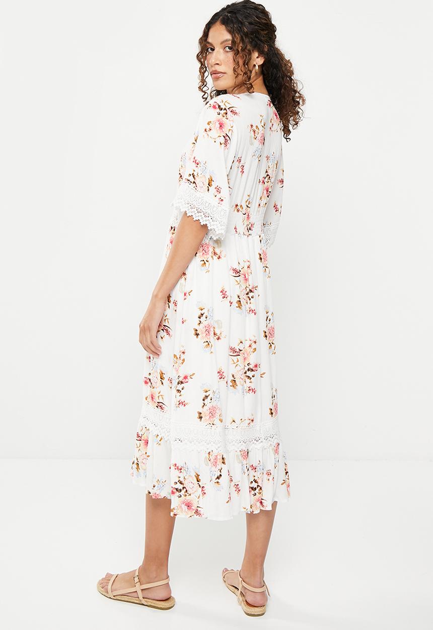 Stella Morgan - Flutter sleeve flower orinted midi dress - multi white