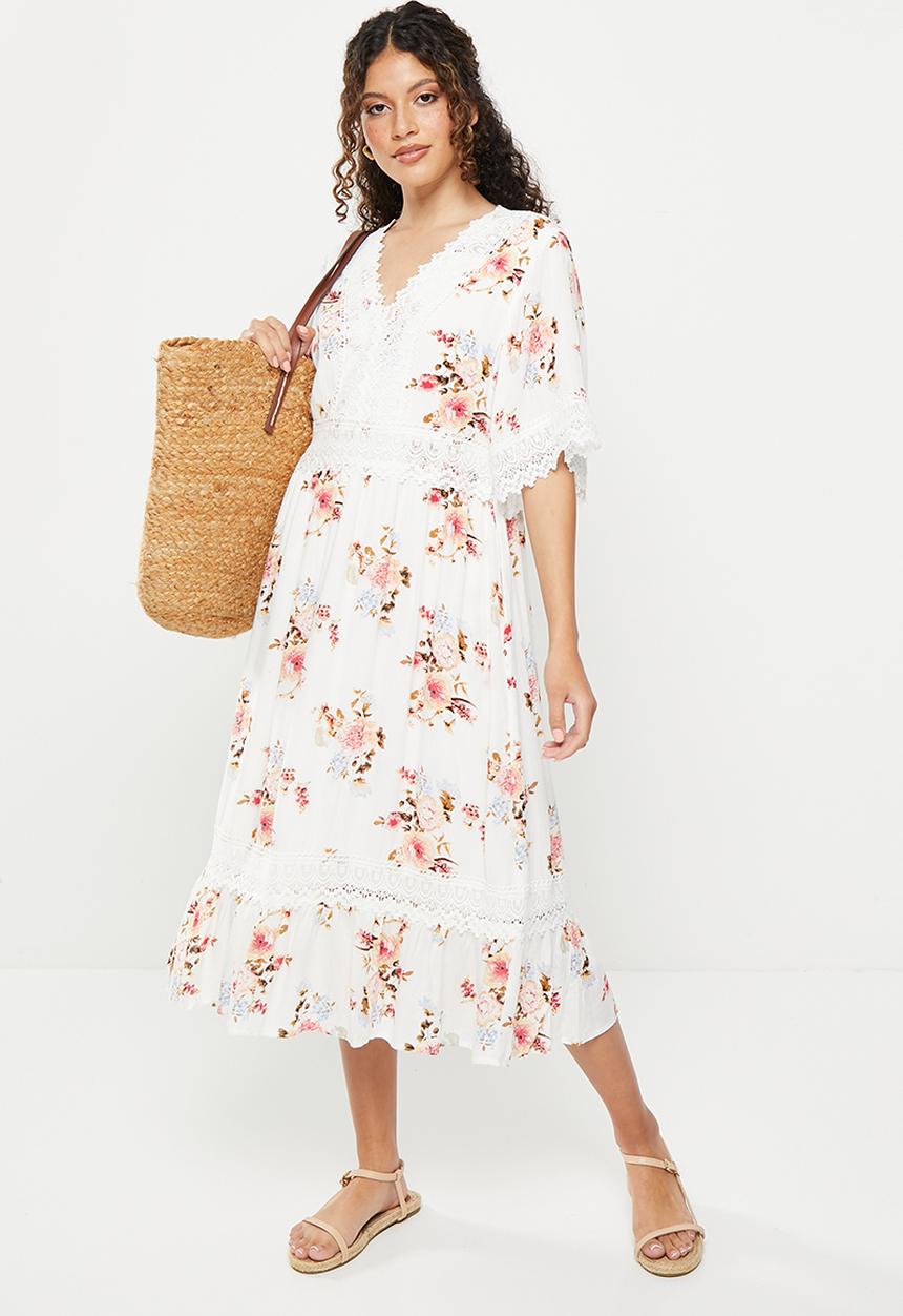 Stella Morgan - Flutter sleeve flower orinted midi dress - multi white