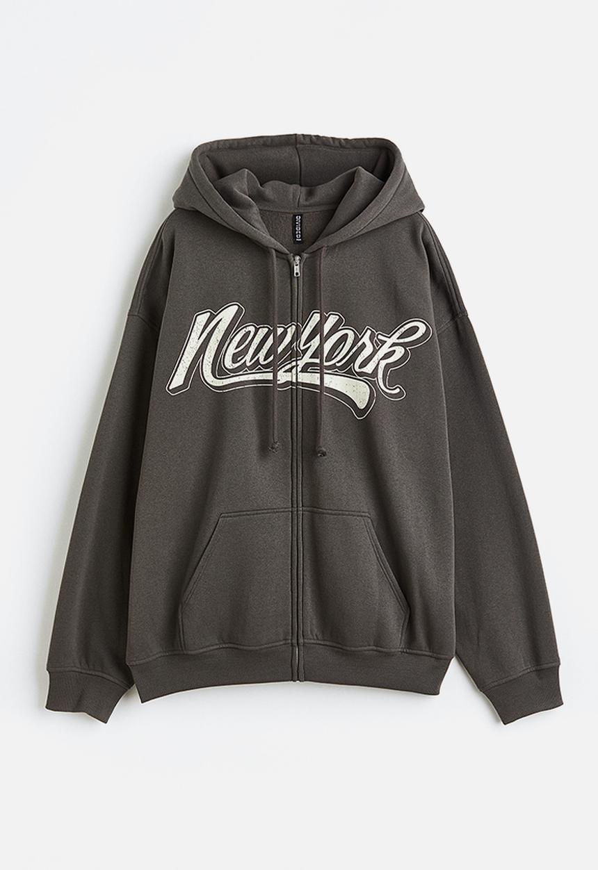 H&M - Oversized zip-through hoodie - dark grey/new york 