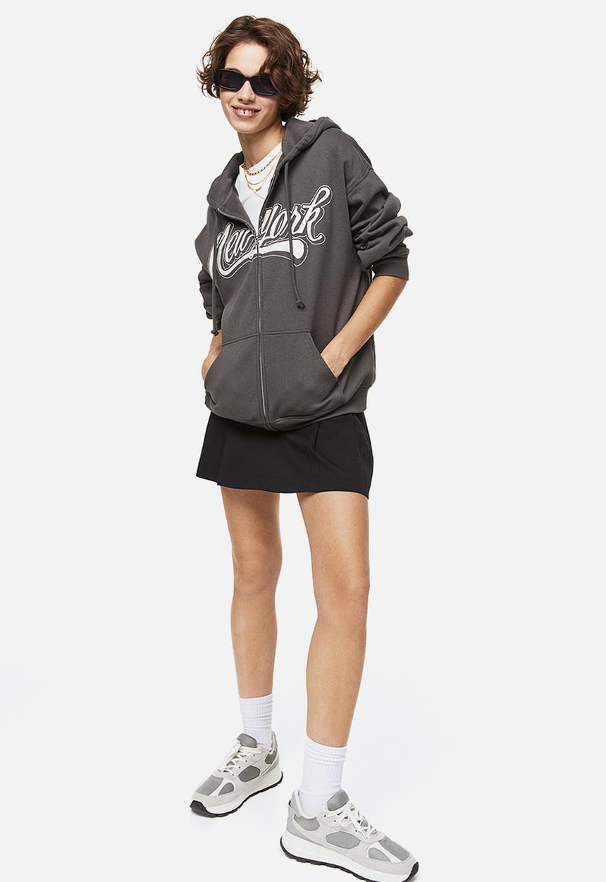 H&M - Oversized zip-through hoodie - dark grey/new york 