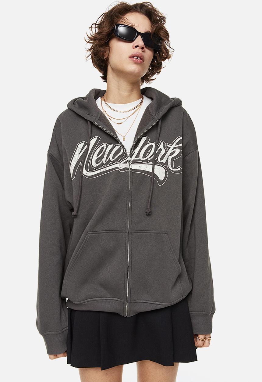 H&M - Oversized zip-through hoodie - dark grey/new york 