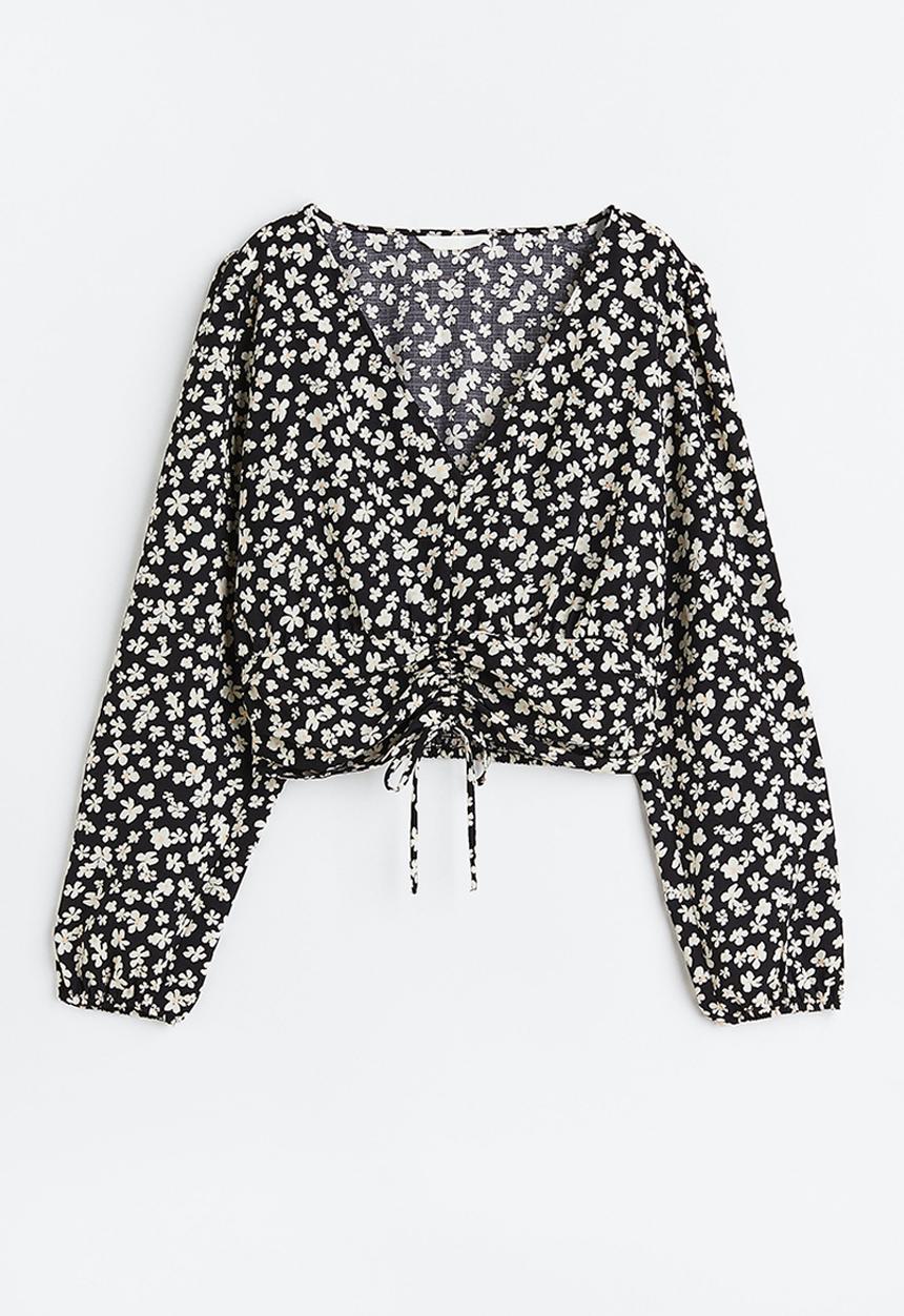 H&M - Drawstring blouse - black/small flowers