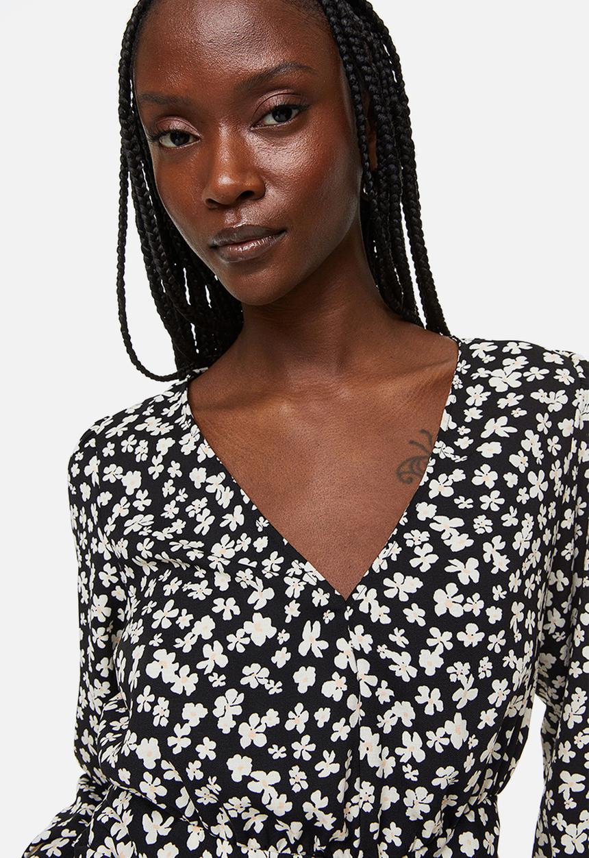 H&M - Drawstring blouse - black/small flowers