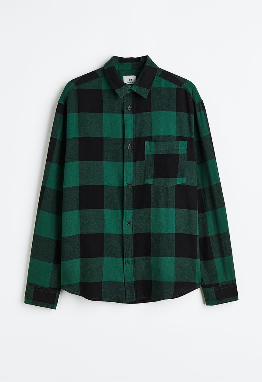 H&M - Relaxed fit flannel shirt - dark green / black 