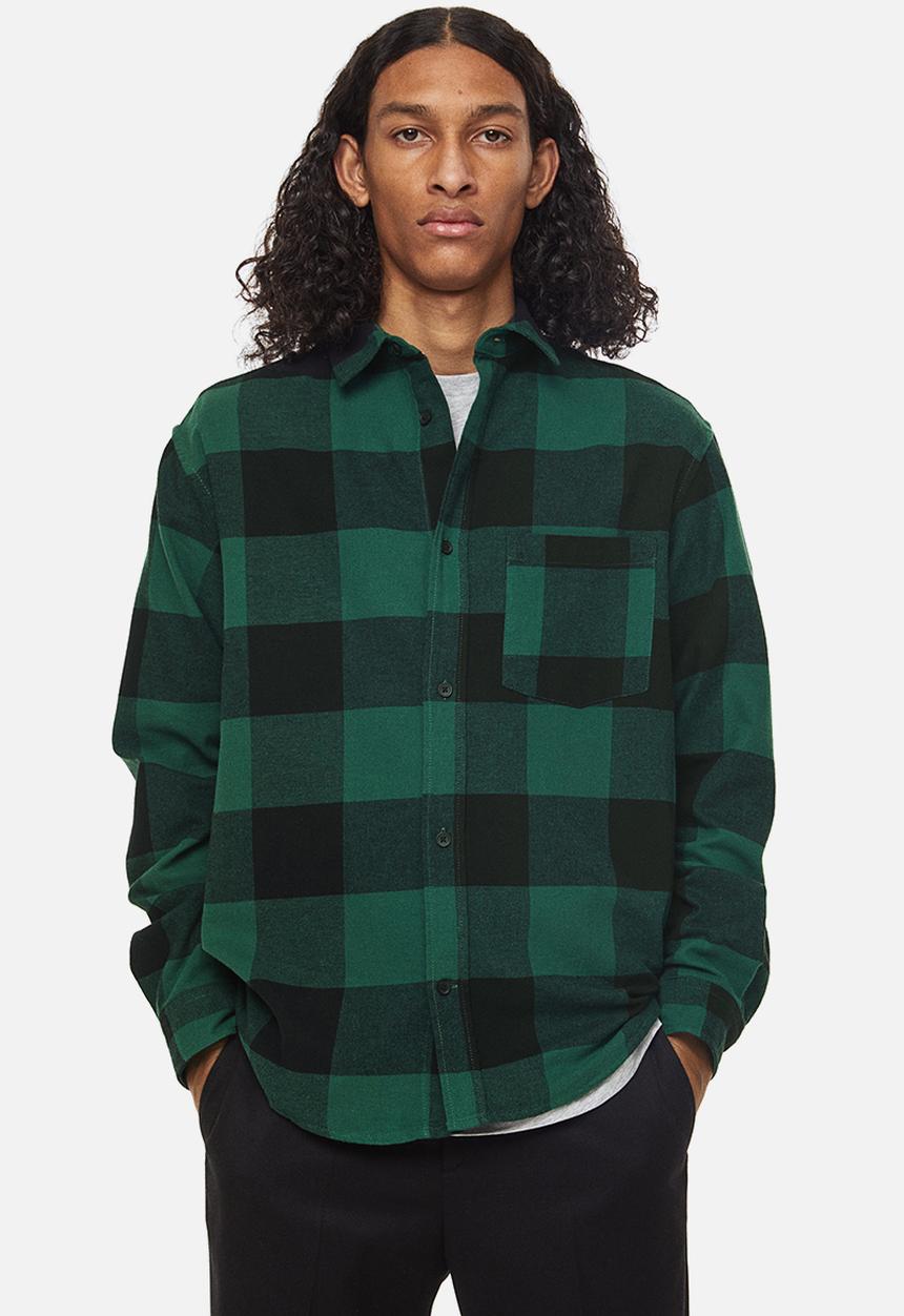 H&M - Relaxed fit flannel shirt - dark green / black 