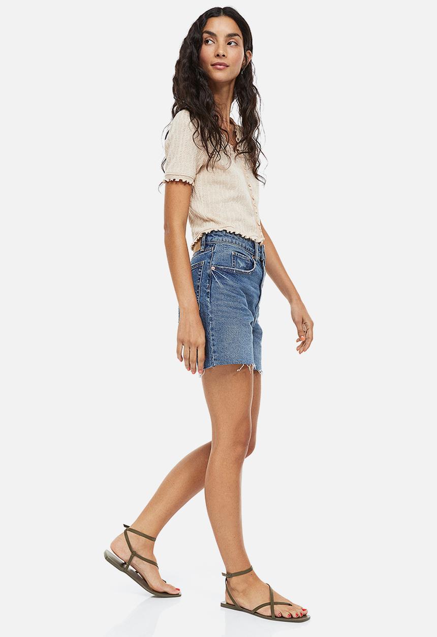 H&M - High waist denim shorts - denim blue 